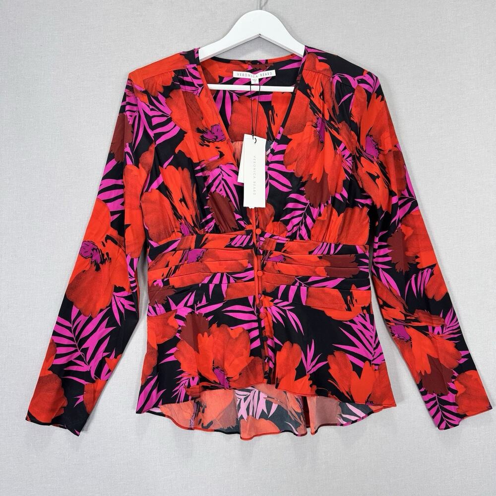 Veronica Beard Pevero Ruched Silk Blouse Womens 12 Poppy Multi Red Tropical